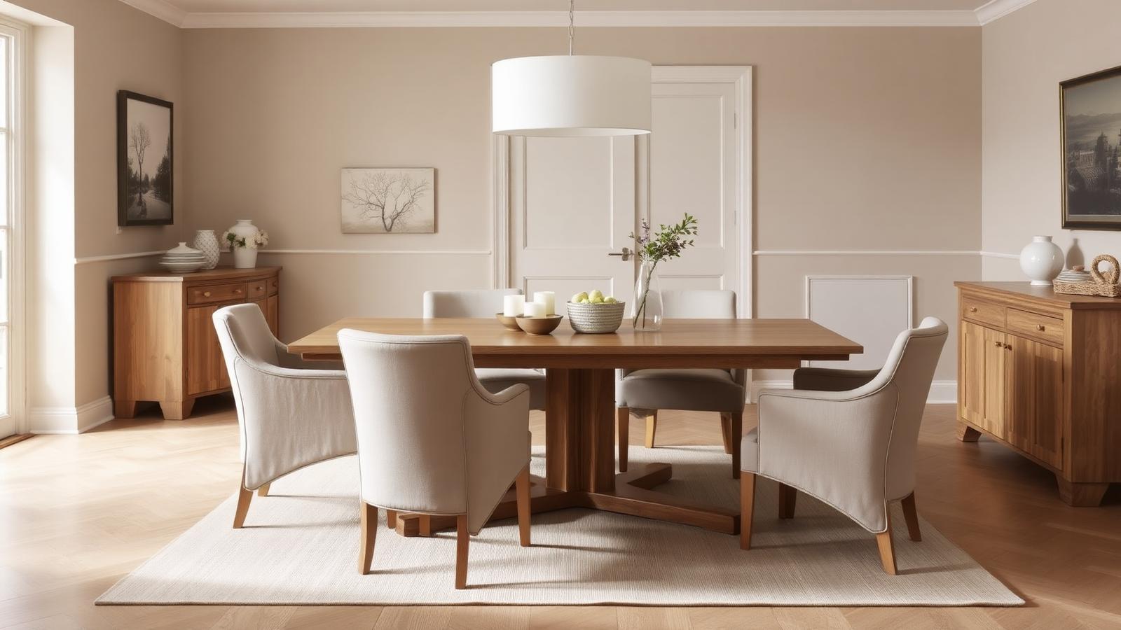 Comedor Roble: Mesa extensible de roble macizo con sillas tapizadas y aparador a juego.