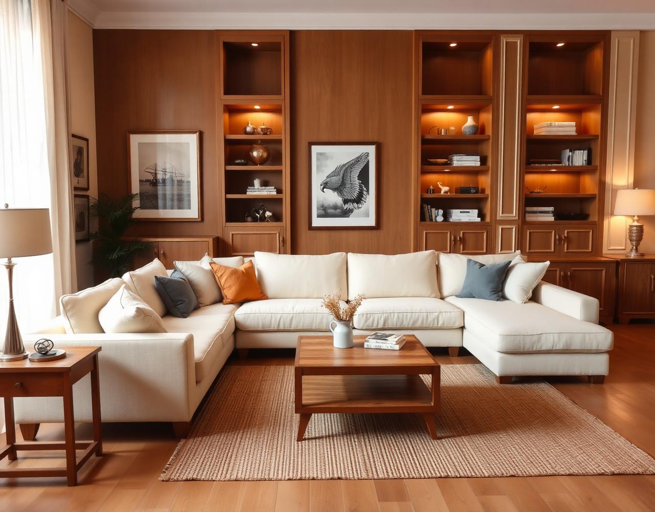Salón con sofá rinconera de tejido claro y estanterías de madera