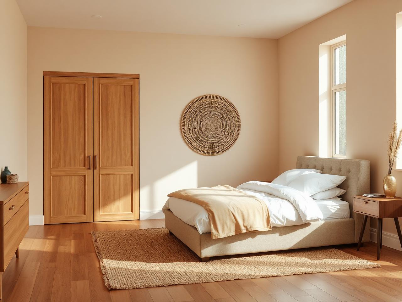 Dormitorio amueblado con armario de madera, cama tapizada y textiles naturales