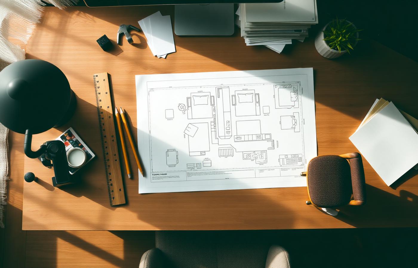 Planos y muestras de materiales sobre una mesa de trabajo