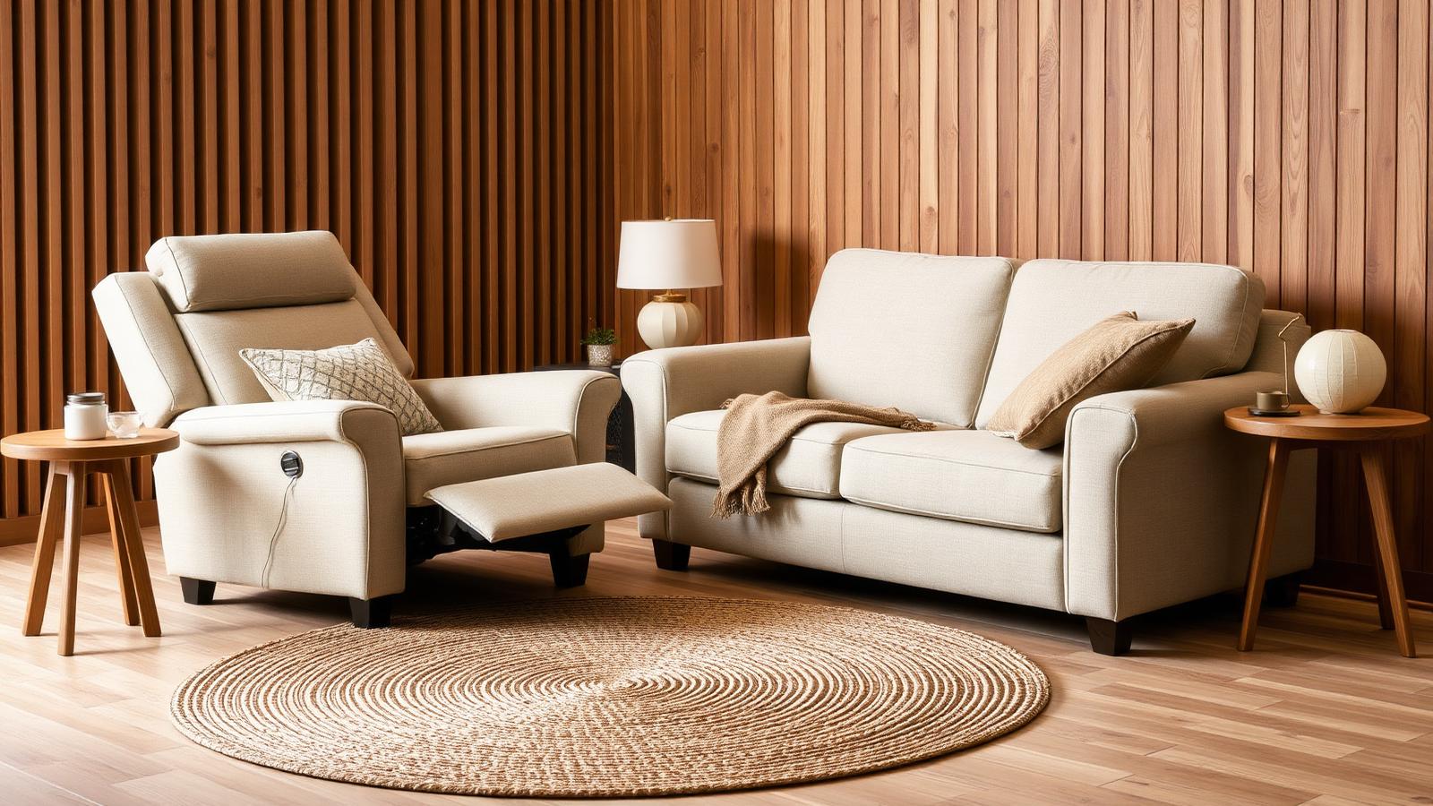 Rincón Relax: Sillón relax con mecanismo reclinable y sofá de dos plazas tapizados en tejido natural.
