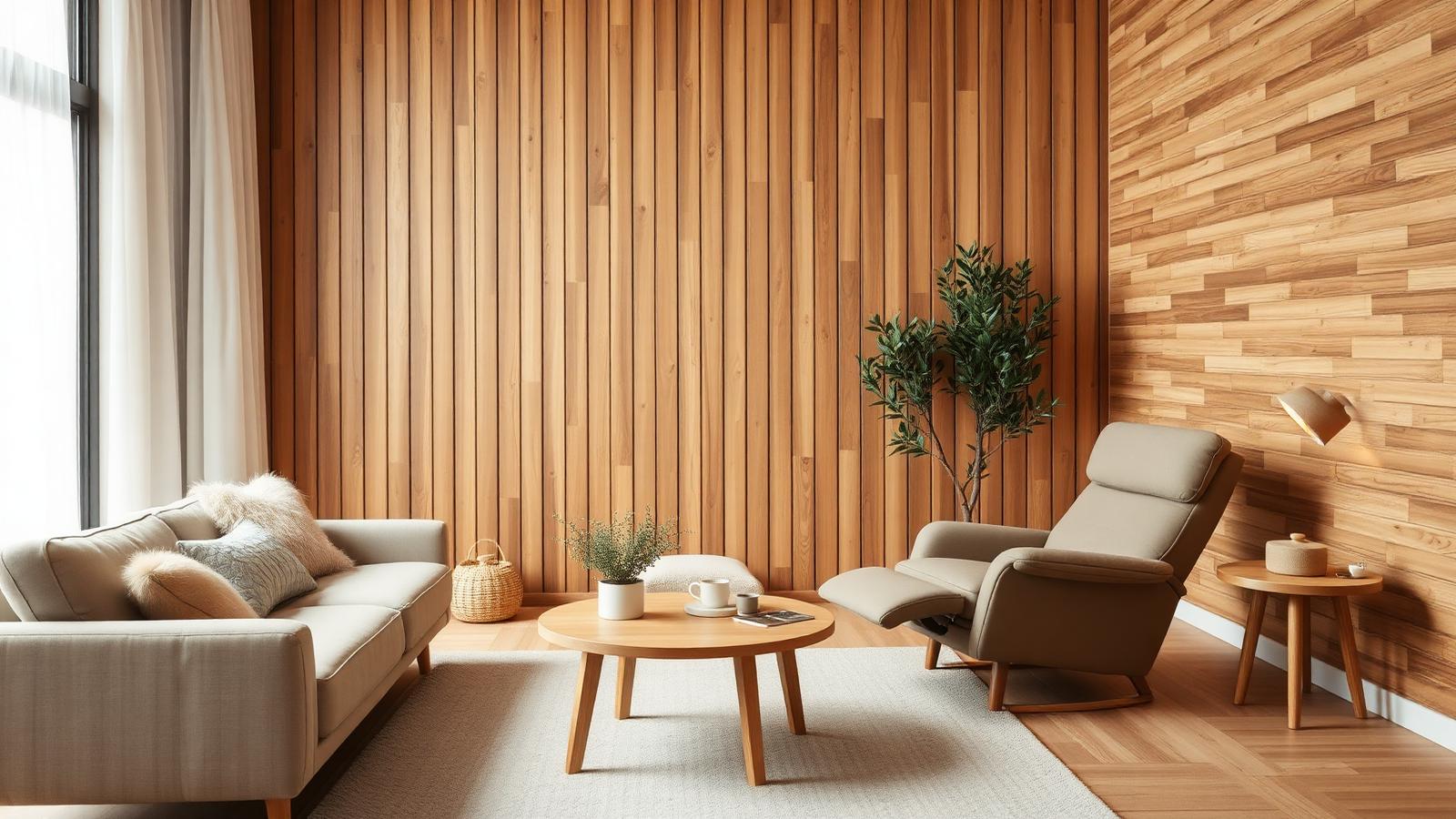 Salón Serena: Sofá de líneas suaves, sillón relax y mesa auxiliar en madera natural para un salón cálido y luminoso.