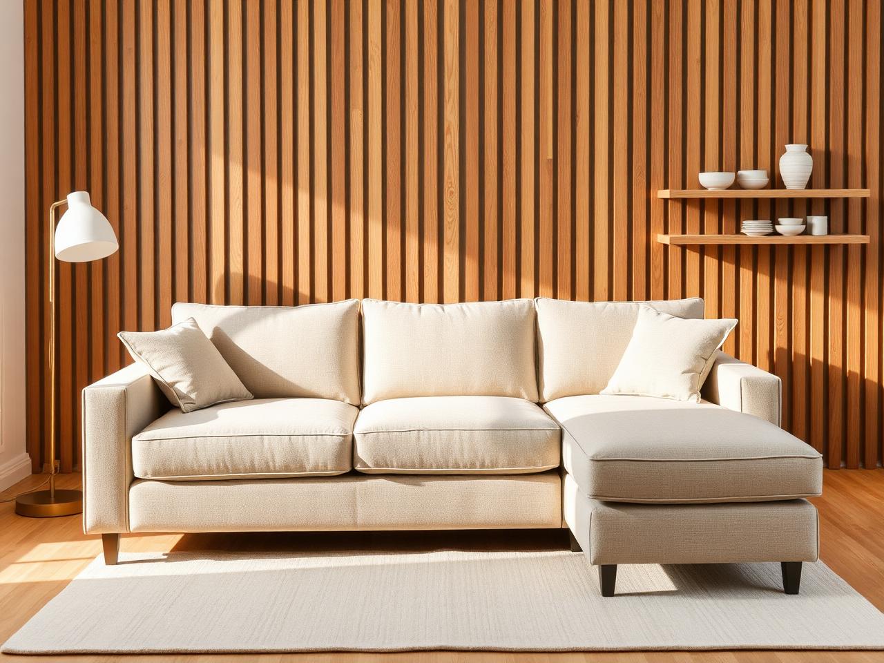 Sofá chaise longue en tejido beige en un salón cálido